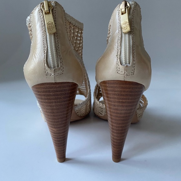 cream leather Vince Camuto woven high heel peek toe ankle bootie - Picture 6 of 9